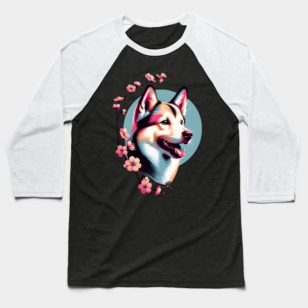 Norwegian Lundehund and Spring Cherry Blossoms Portrait Baseball T-Shirt by ArtRUs